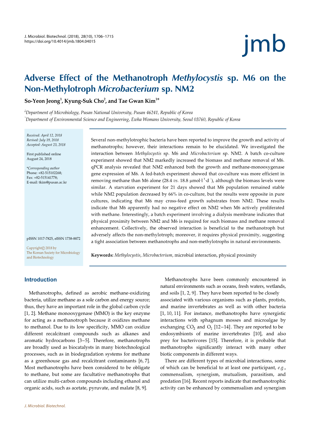 Adverse Effect of the Methanotroph Methylocystis Sp. M6 on the Non-Methylotroph Microbacterium Sp