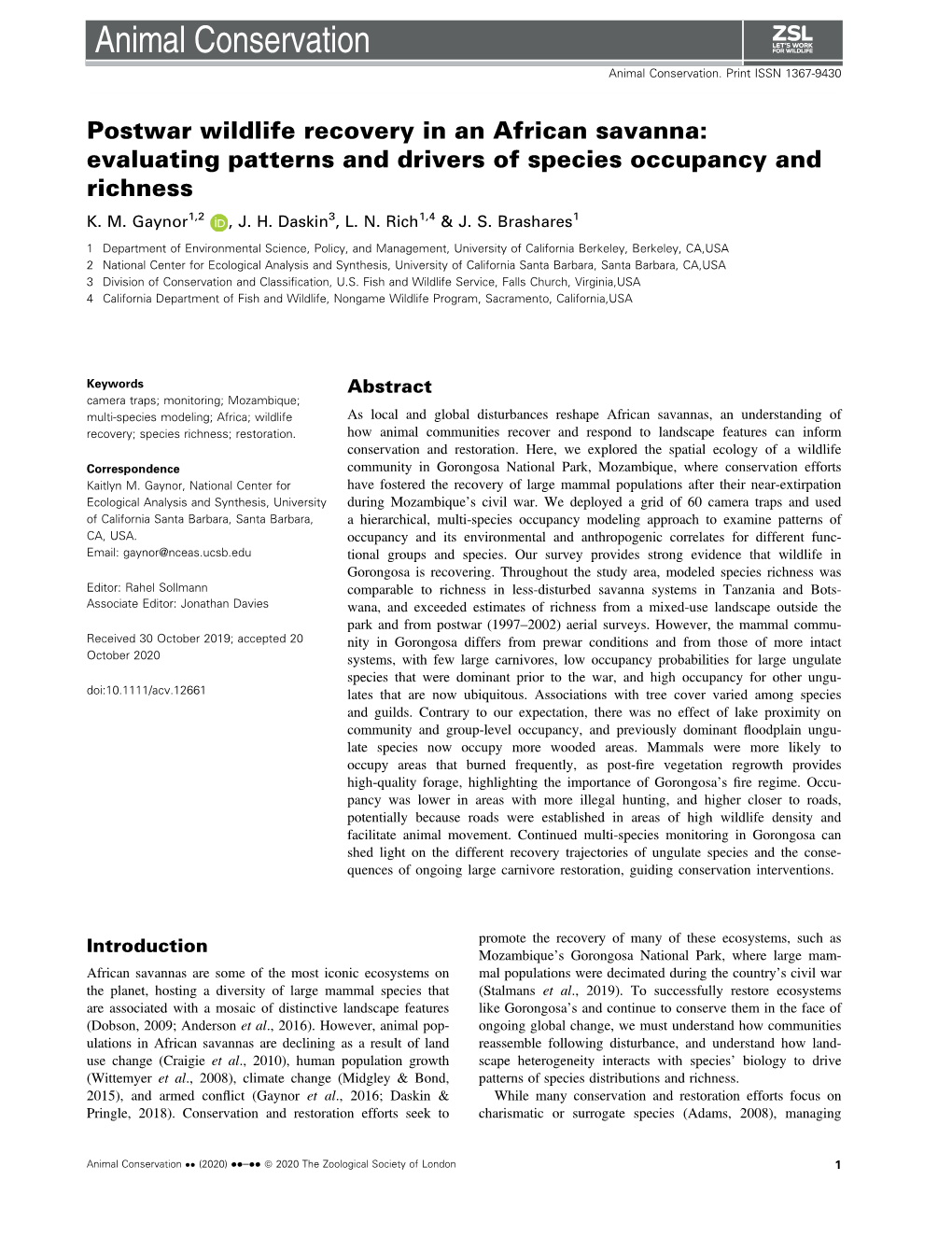 Postwar Wildlife Recovery in an African Savanna: Evaluating Patterns and Drivers of Species Occupancy and Richness K