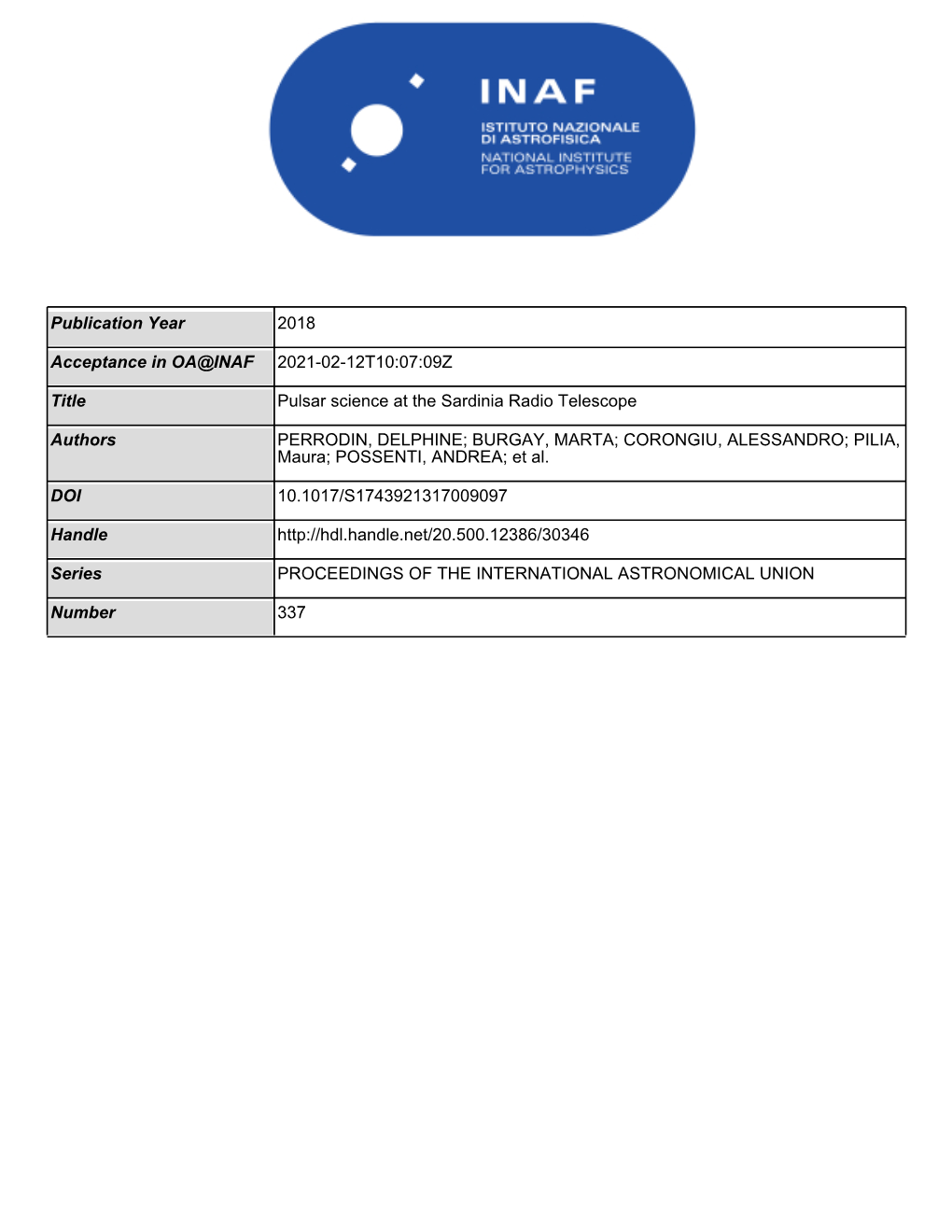 2018 Publication Year 2021-02-12T10:07:09Z Acceptance in OA@INAF Pulsar Science at the Sardinia Radio Telescope Title PERRODIN