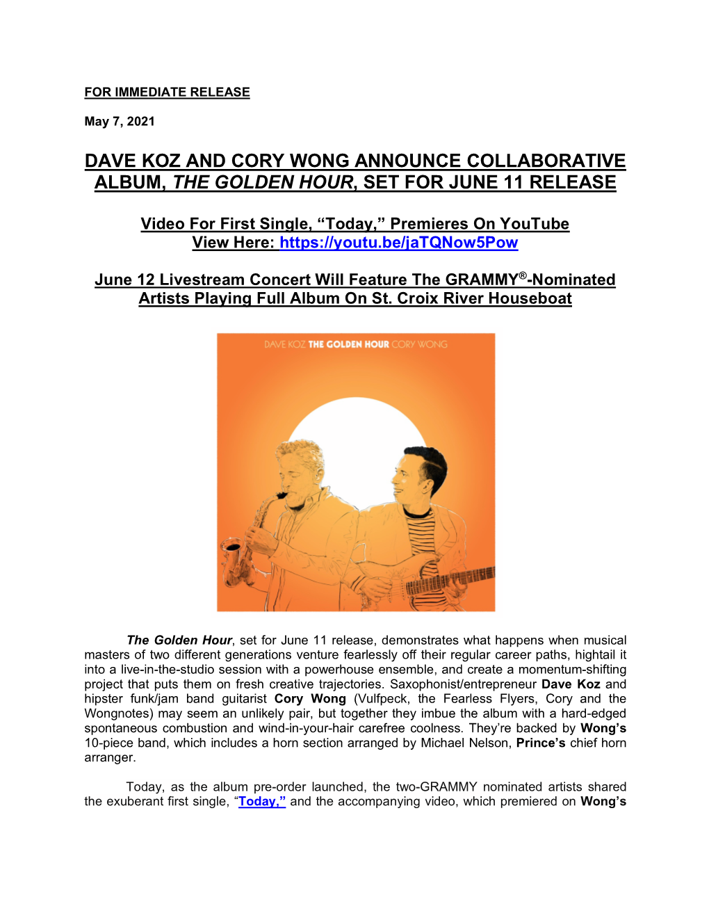 Dave Koz and Cory Wong Announce Collaborative Album, the Golden Hour, Set for June 11 Release