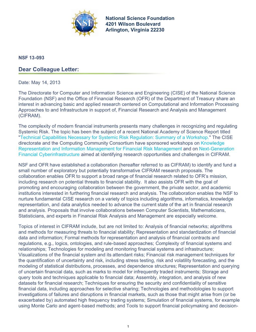 Dear Colleague Letter: OFR-NSF Partnership in Support of Research Collaborations in Finance Informatics