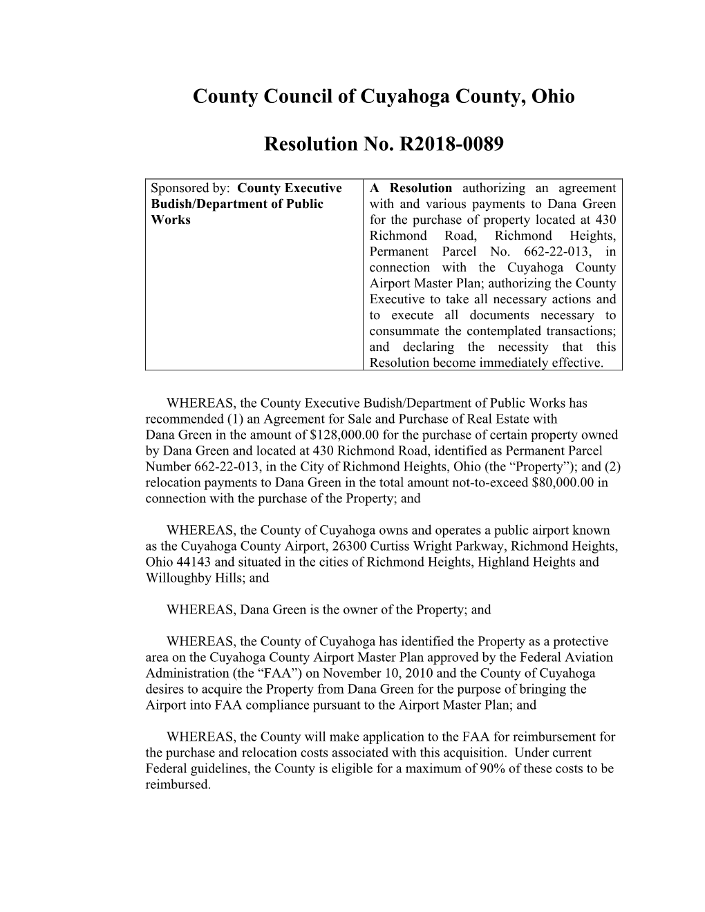 County Council of Cuyahoga County, Ohio Resolution No. R2018-0089