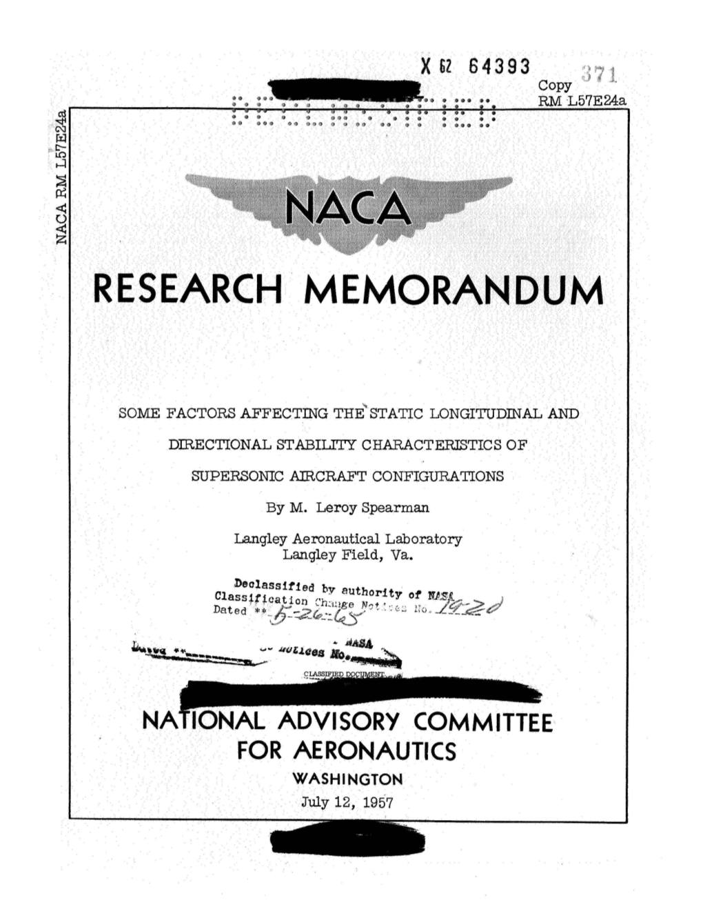 N AL ADVISORY COMMITTEE for AERONAUTICS WASHINGTON July 12, 1957 NACA RM L57e24a
