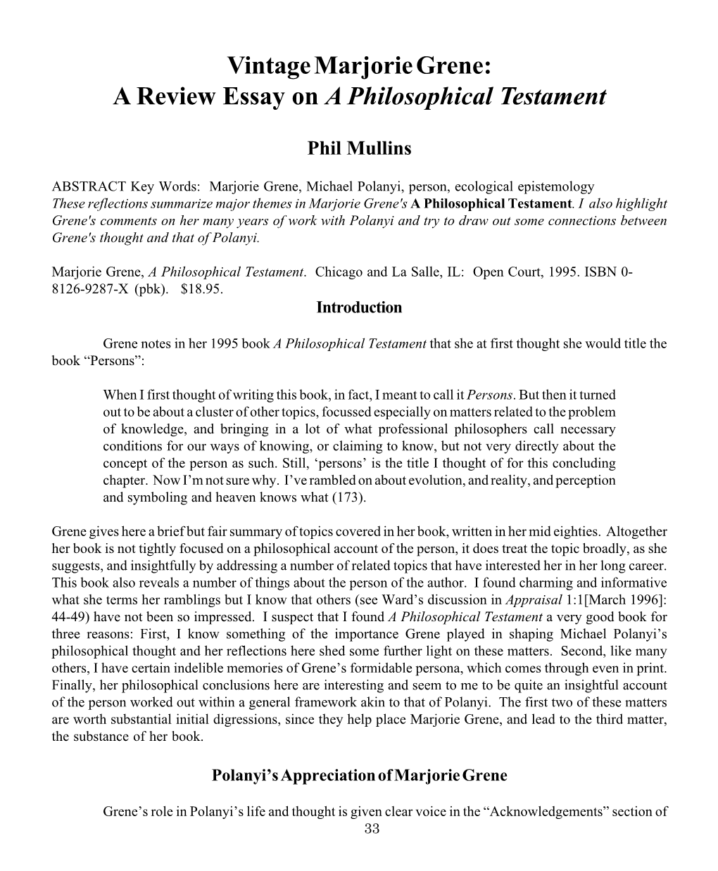 Vintage Marjorie Grene: a Review Essay on a Philosophical Testament