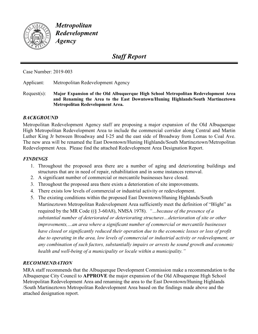 DRAFT East Downtown/Huning Highlands/South Martineztown Metropolitan Redevelopment Area Designation Report