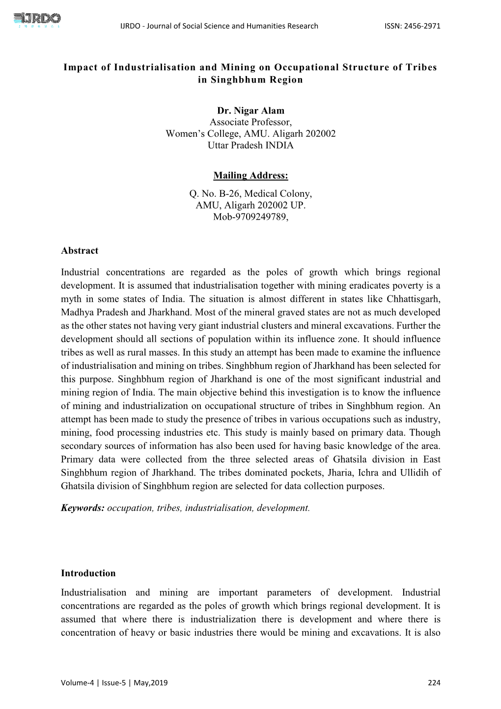 Impact of Industrialisation and Mining on Occupational Structure of Tribes in Singhbhum Region