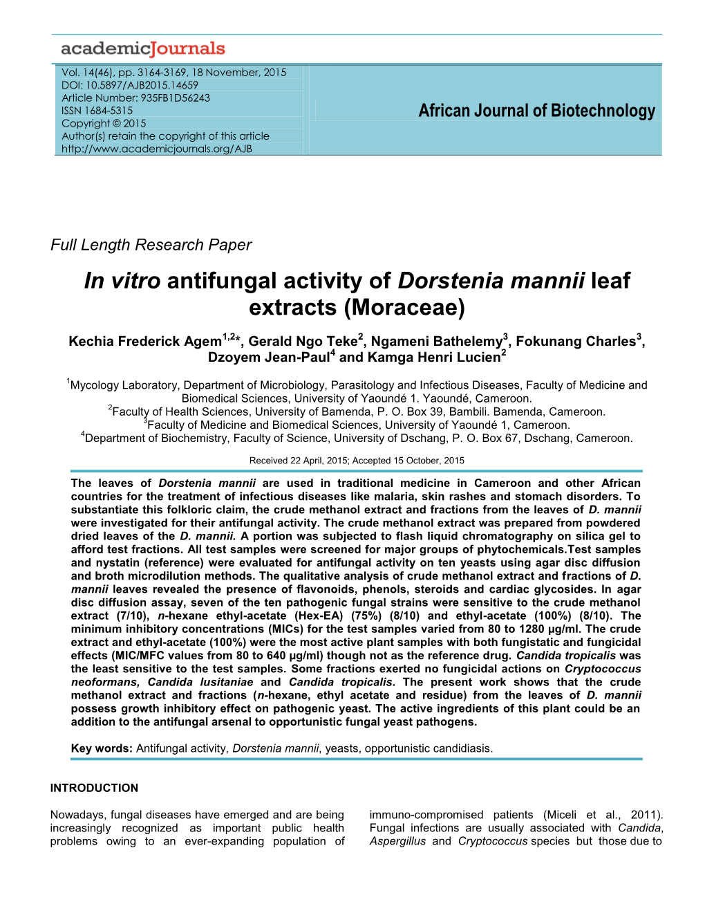 In Vitro Antifungal Activity of Dorstenia Mannii Leaf Extracts (Moraceae)