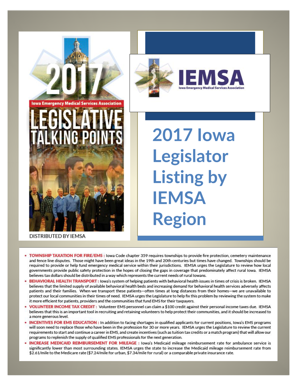 2017 Iowa Legislator Listing by IEMSA Region