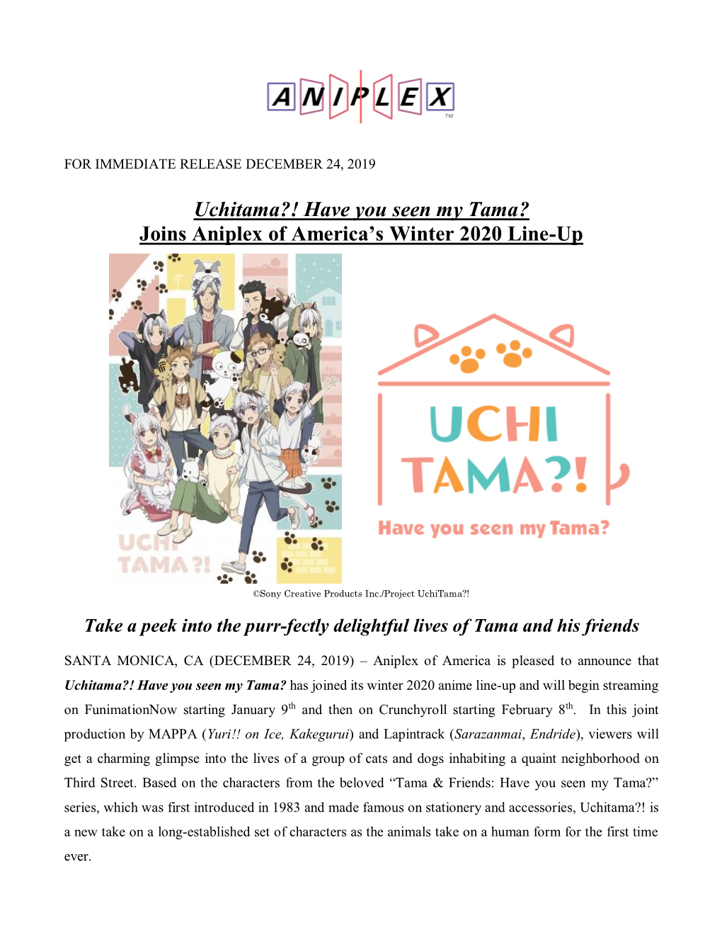 Uchitama?! Have You Seen My Tama? Joins Aniplex of America’S Winter 2020 Line-Up