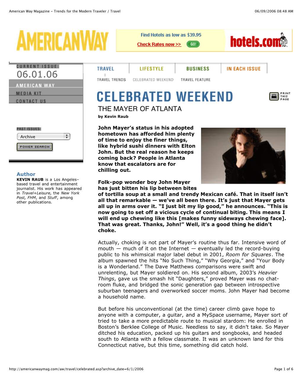 John Mayer Celebrated Weekend, American Way, June 2006