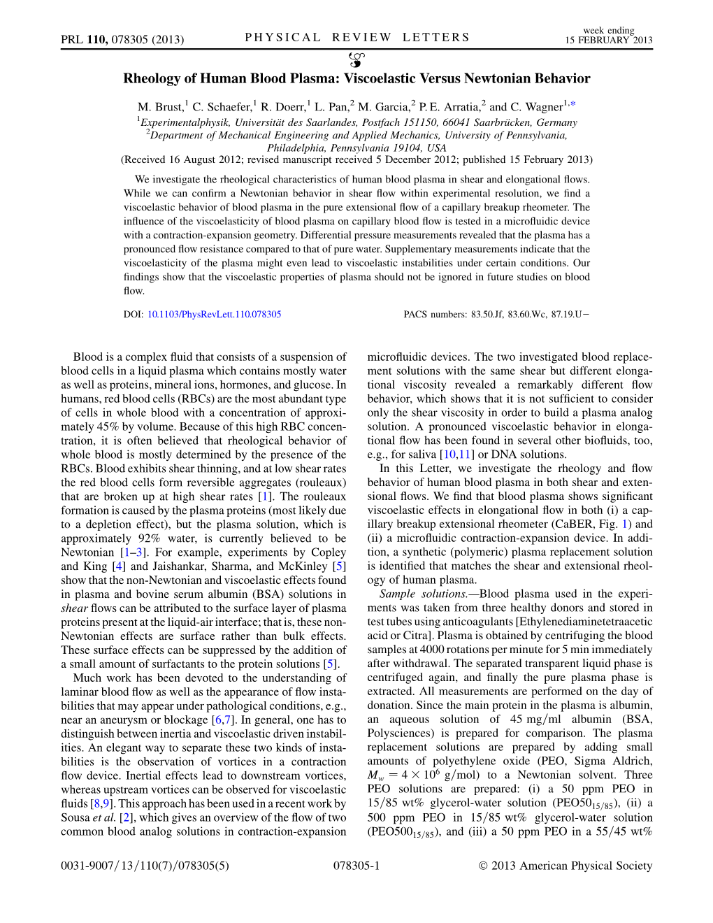 Rheology of Human Blood Plasma: Viscoelastic Versus Newtonian Behavior