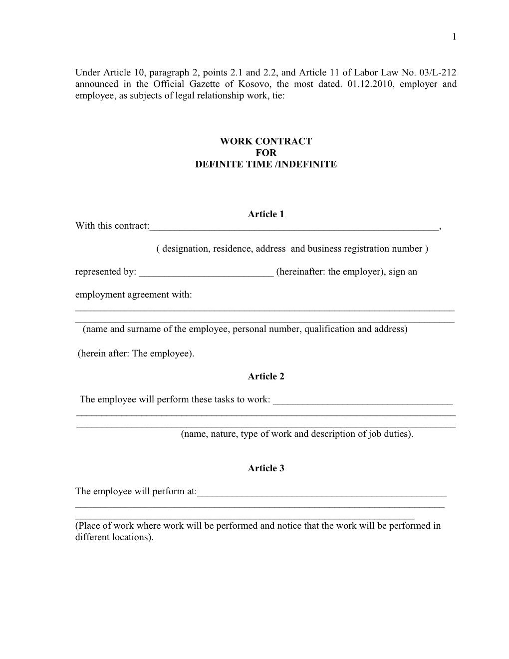 Work Contract for Definite Time /Indefinite