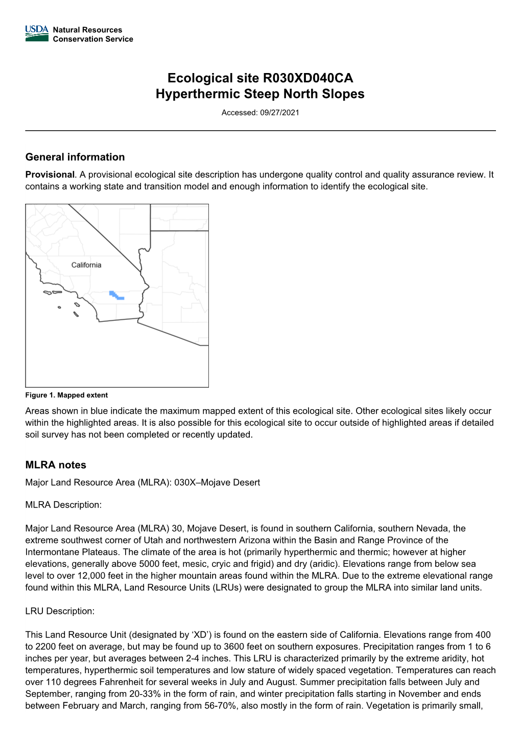 Ecological Site R030XD040CA Hyperthermic Steep North Slopes