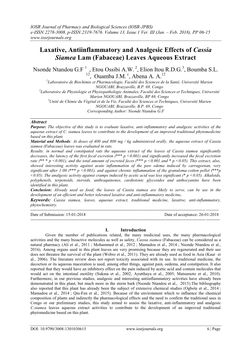 Laxative, Antiinflammatory and Analgesic Effects of Cassia Siamea Lam (Fabaceae) Leaves Aqueous Extract