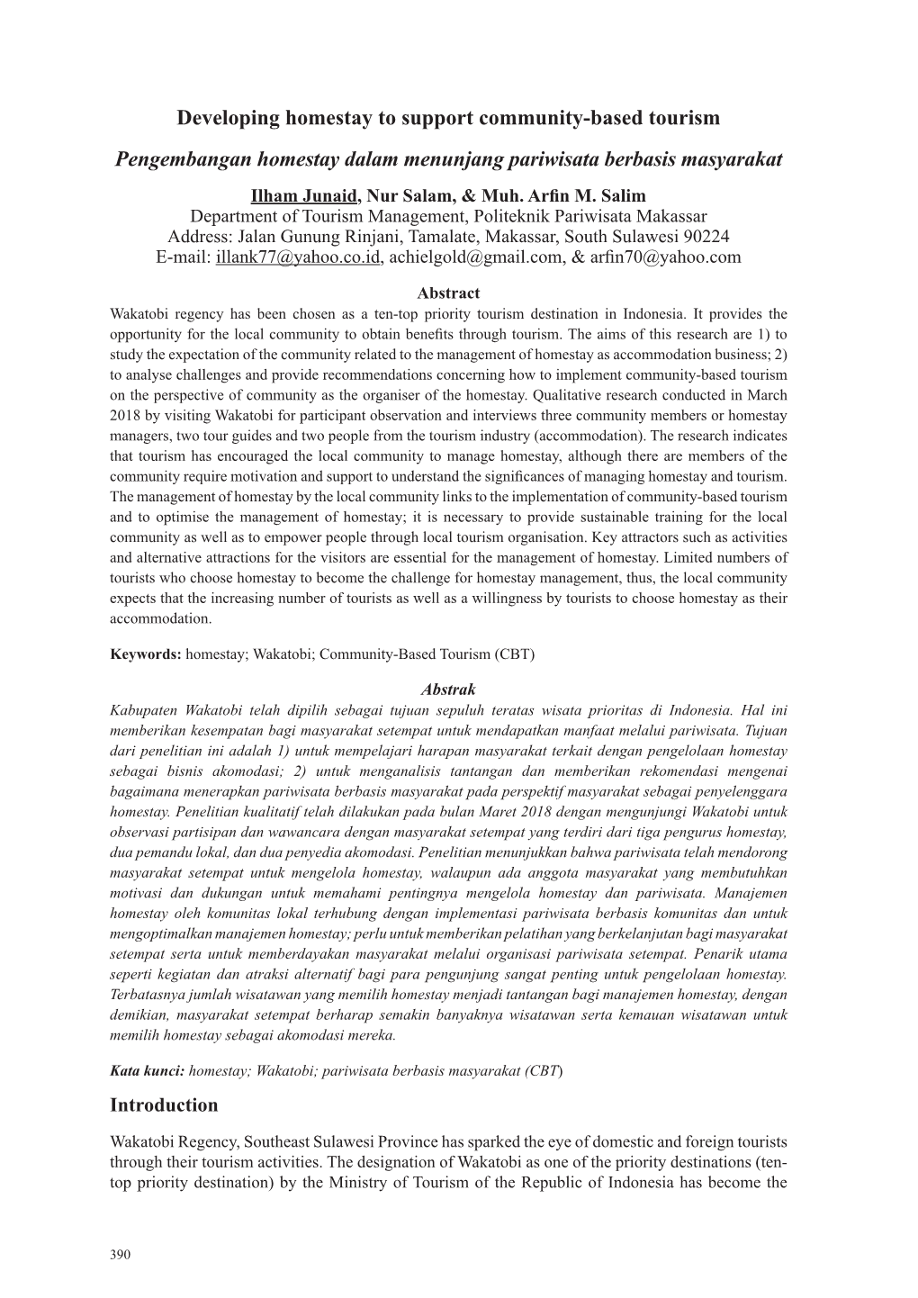 Developing Homestay to Support Community-Based Tourism Pengembangan Homestay Dalam Menunjang Pariwisata Berbasis Masyarakat Ilham Junaid, Nur Salam, & Muh