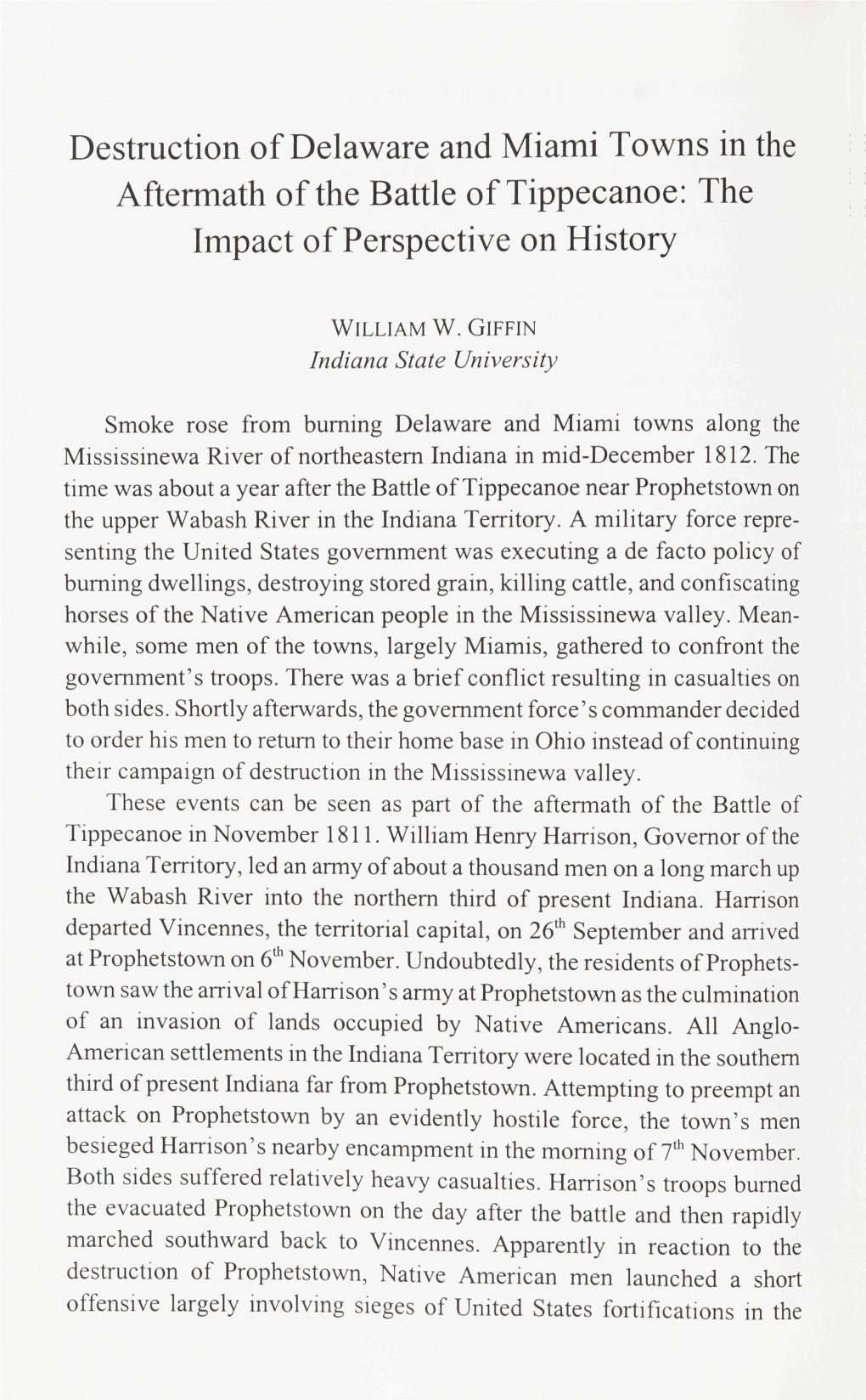 Destruction of Delaware and Miami Towns in the Aftermath of the Battle of Tippecanoe: the Impact of Perspective on History