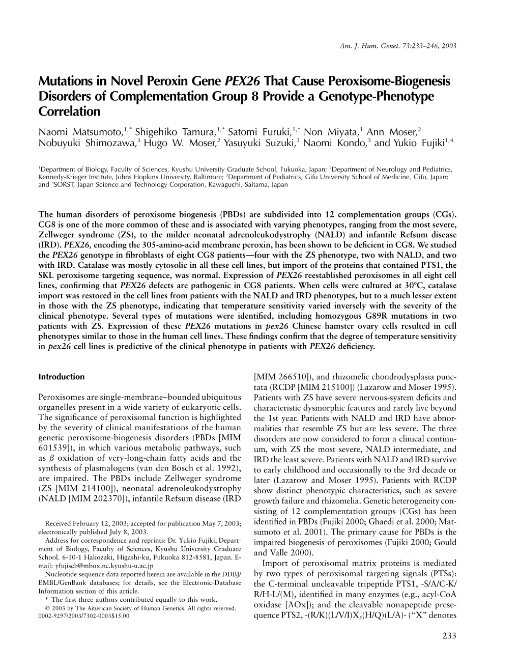 Mutations in Novel Peroxin Gene PEX26 That Cause Peroxisome