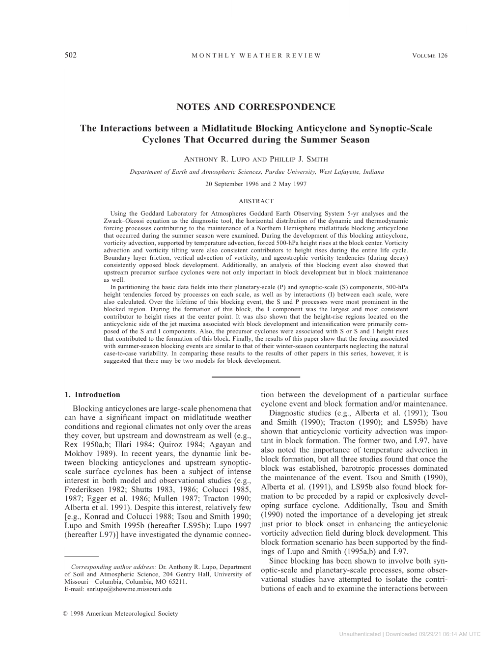 The Interactions Between a Midlatitude Blocking Anticyclone and Synoptic-Scale Cyclones That Occurred During the Summer Season