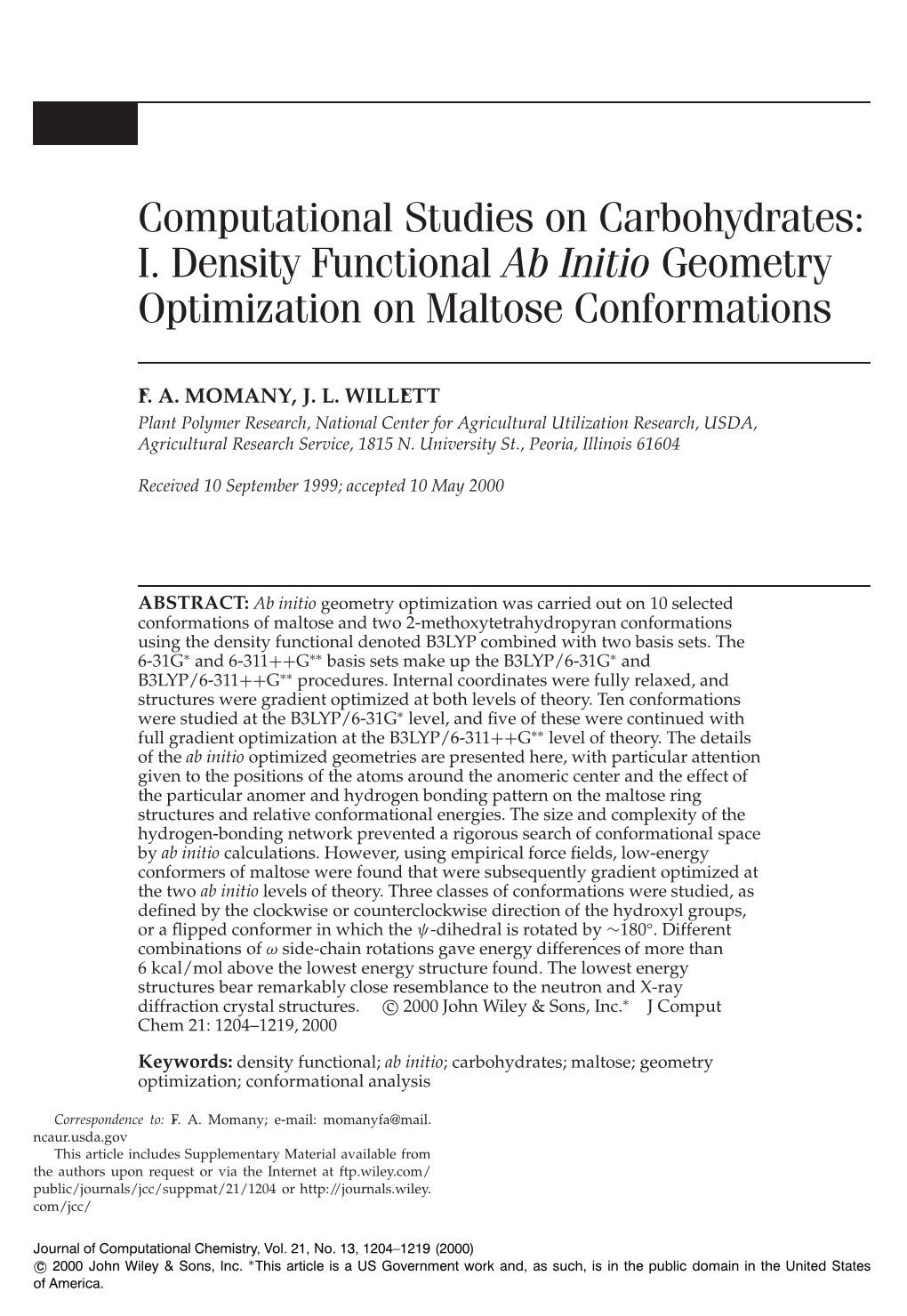 Computational Studies on Carbohydrates: I. Density Functional Ab Initio Geometry Optimization on Maltose Conformations