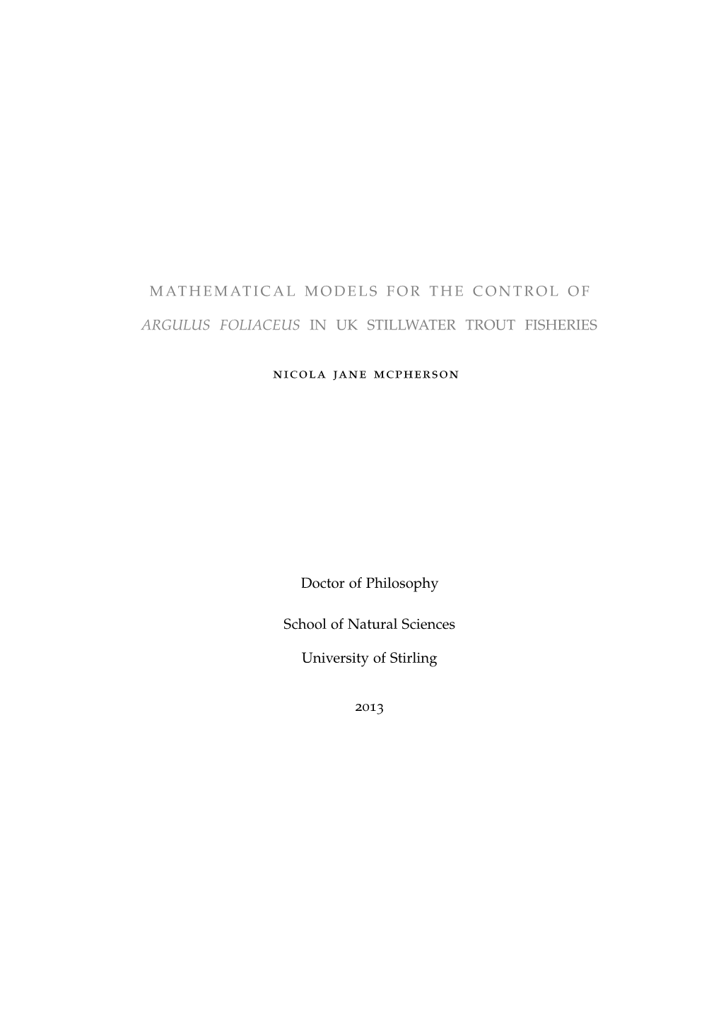 Mathematical Models for the Control of Argulus Foliaceus in UK Stillwater