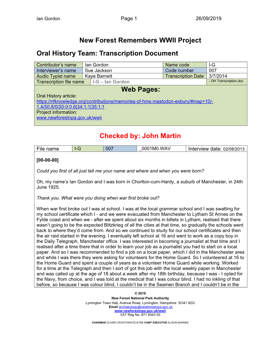 New Forest Remembers WWII Project Oral History Team: Transcription Document