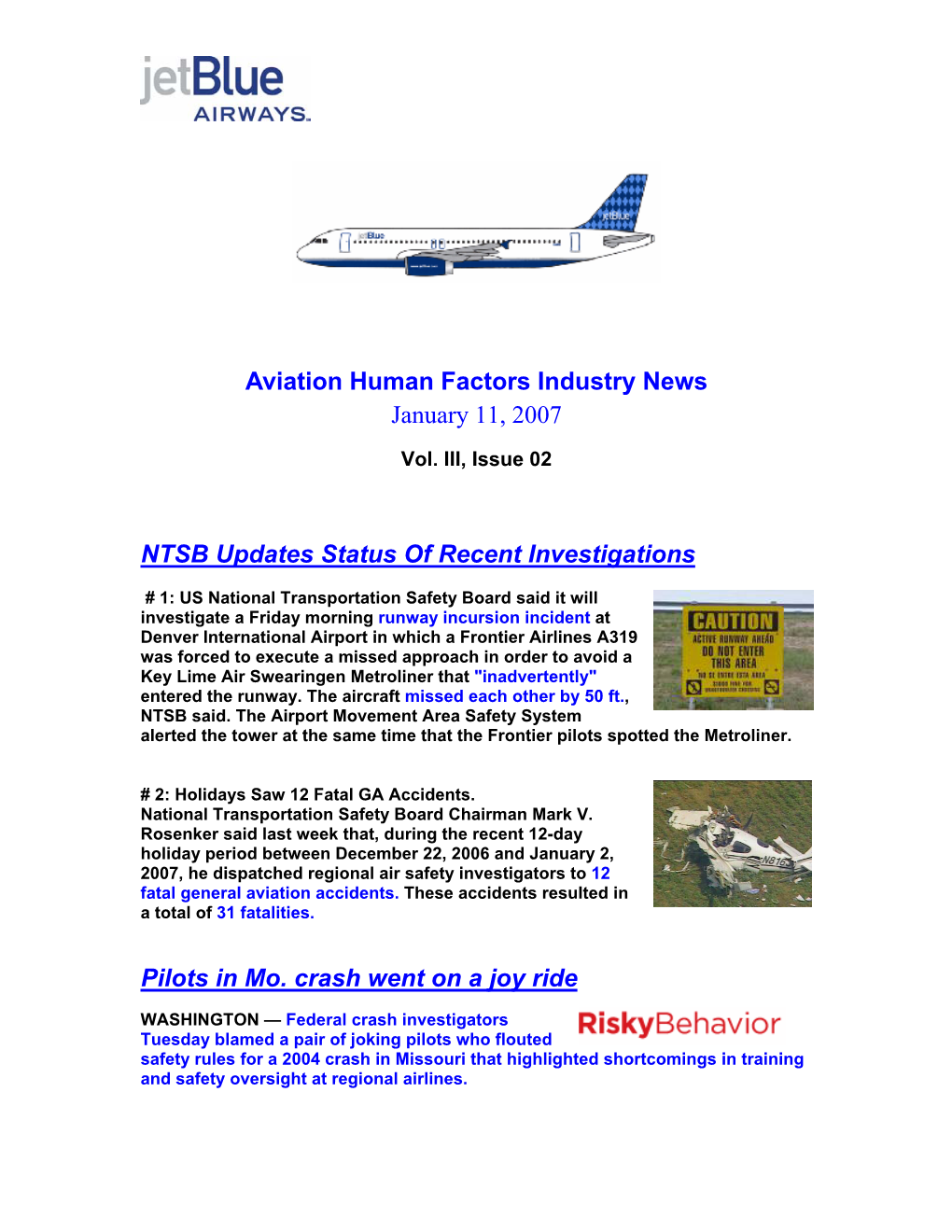 Aviation Human Factors Industry News January 11, 2007 NTSB