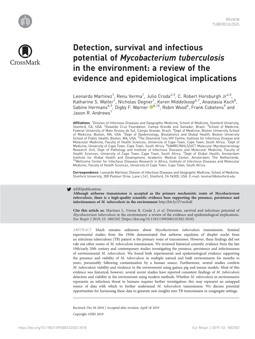 Detection, Survival and Infectious Potential of Mycobacterium Tuberculosis in the Environment: a Review of the Evidence and Epidemiological Implications