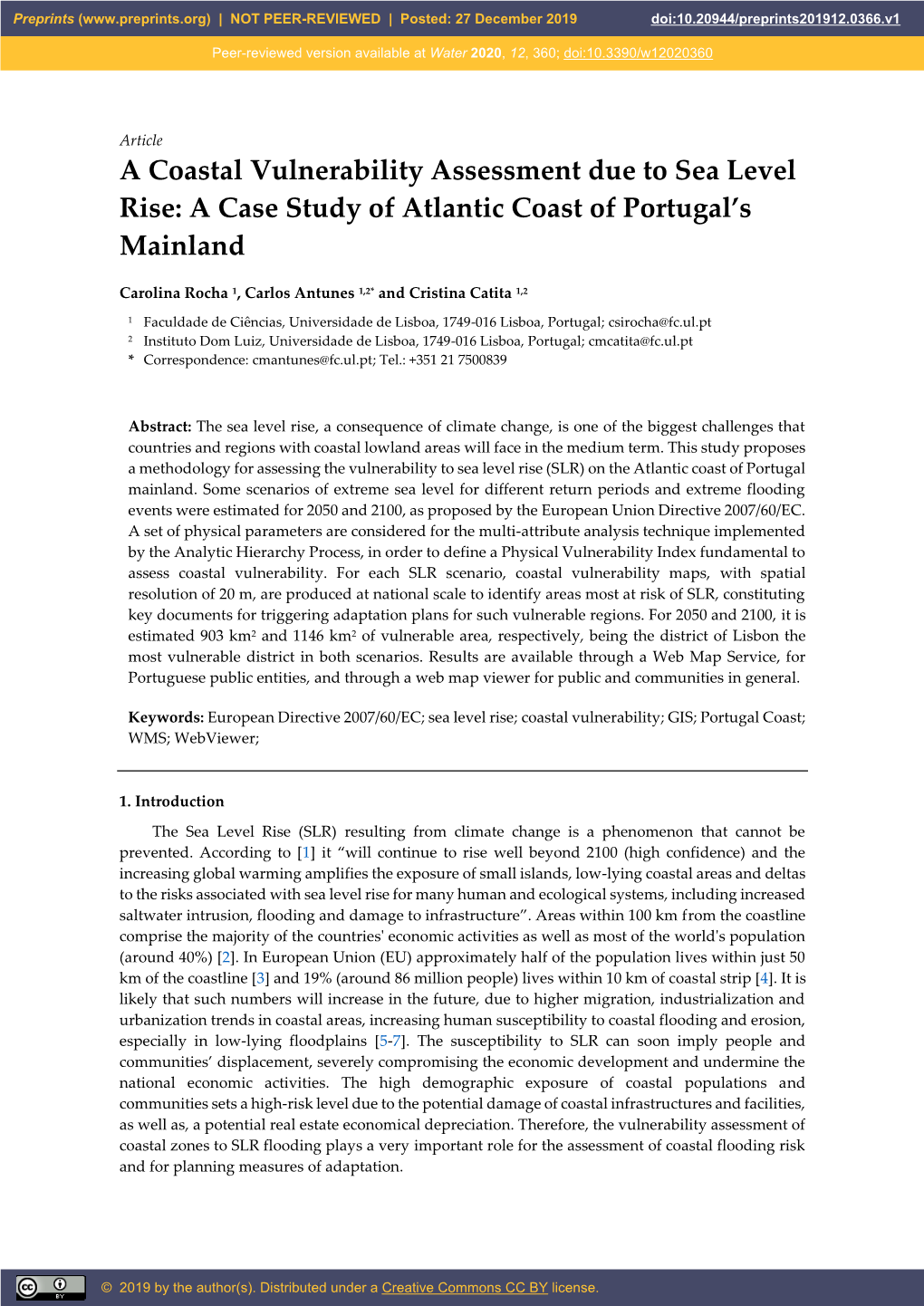 A Coastal Vulnerability Assessment Due to Sea Level Rise: a Case Study of Atlantic Coast of Portugal’S Mainland