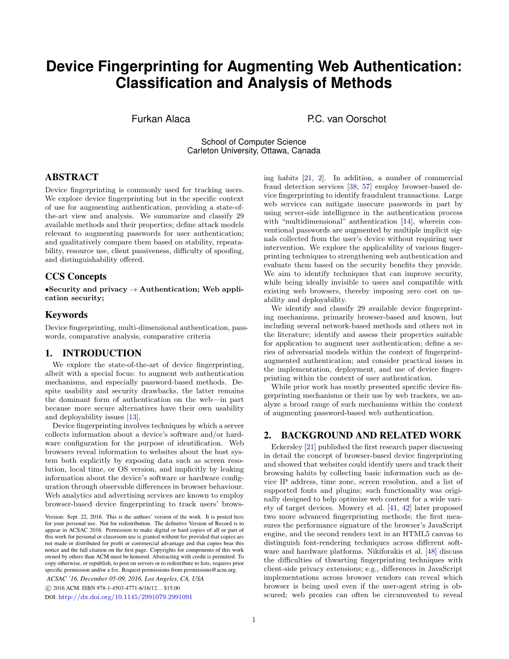 Device Fingerprinting for Augmenting Web Authentication: Classiﬁcation and Analysis of Methods