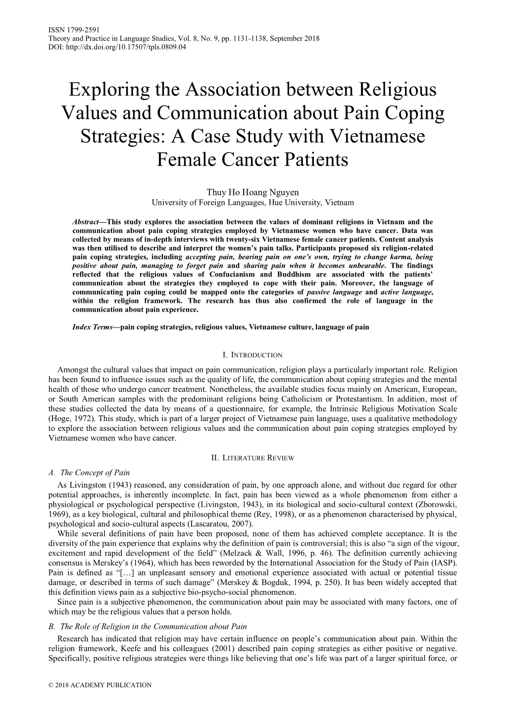 Exploring the Association Between Religious Values and Communication About Pain Coping Strategies: a Case Study with Vietnamese Female Cancer Patients