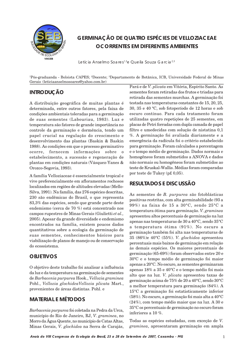 Germinação De Quatro Espécies De Velloziaceae Ocorrentes Em Diferentes Ambientes