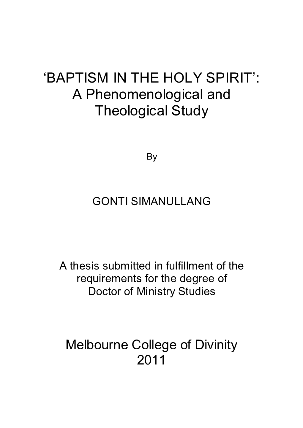 'BAPTISM in the HOLY SPIRIT': a Phenomenological and Theological