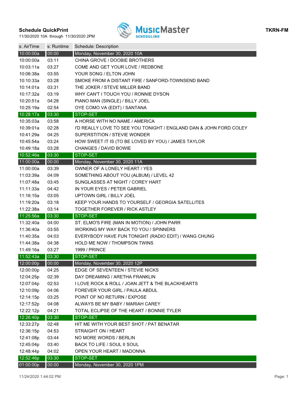 Schedule Quickprint TKRN-FM