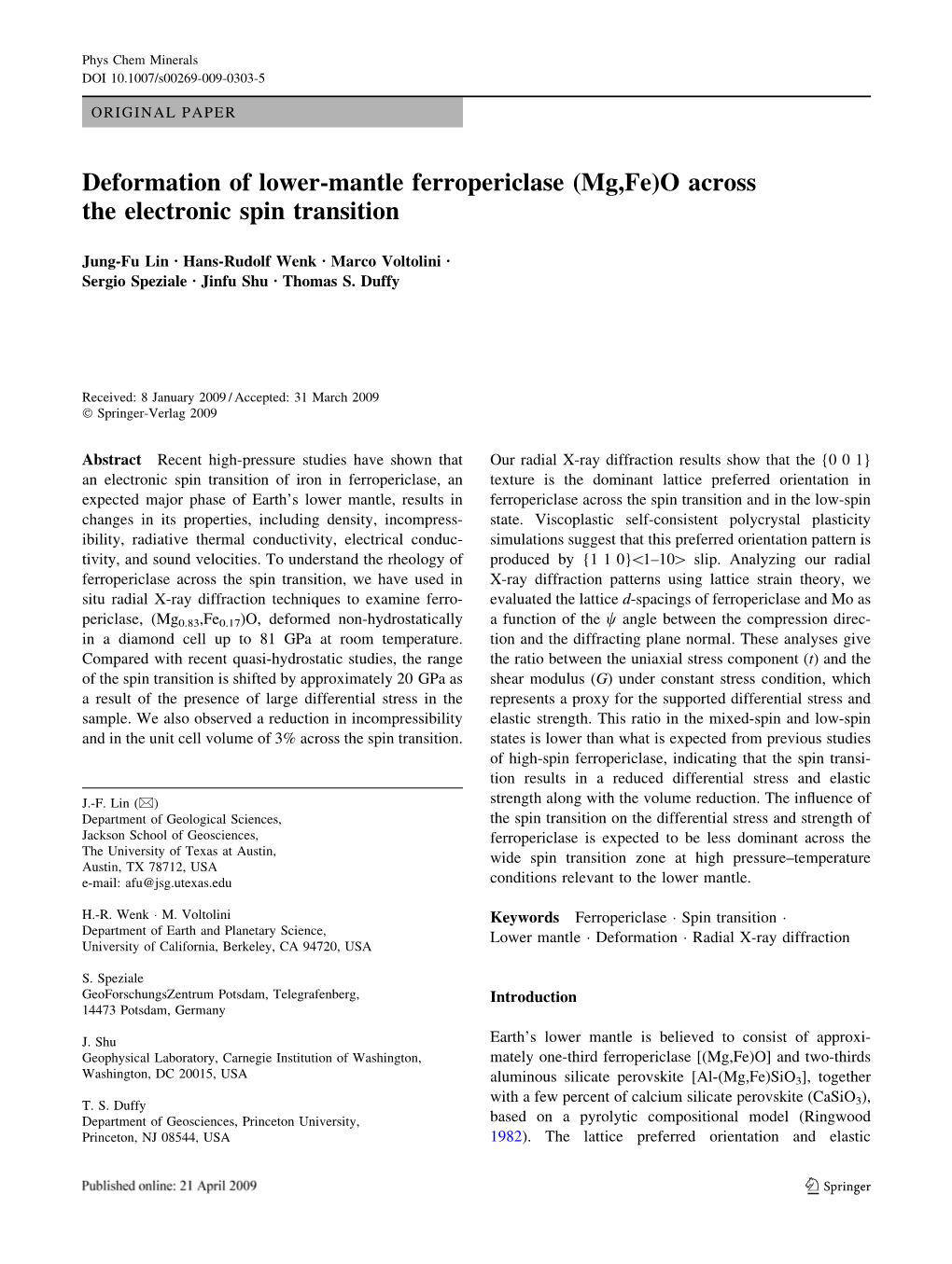 Deformation of Lower-Mantle Ferropericlase (Mg,Fe)O Across the Electronic Spin Transition