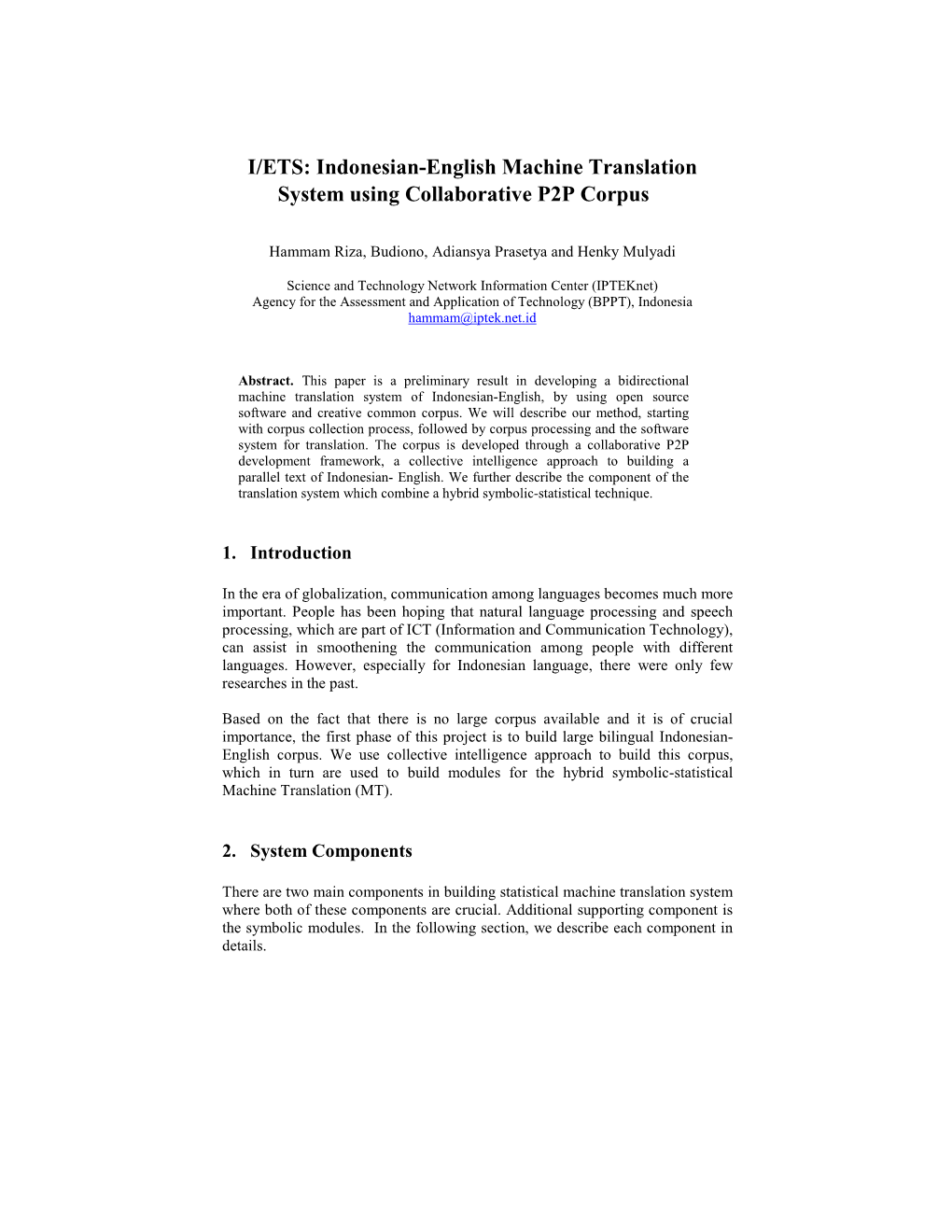 I/ETS: Indonesian-English Machine Translation System Using Collaborative P2P Corpus