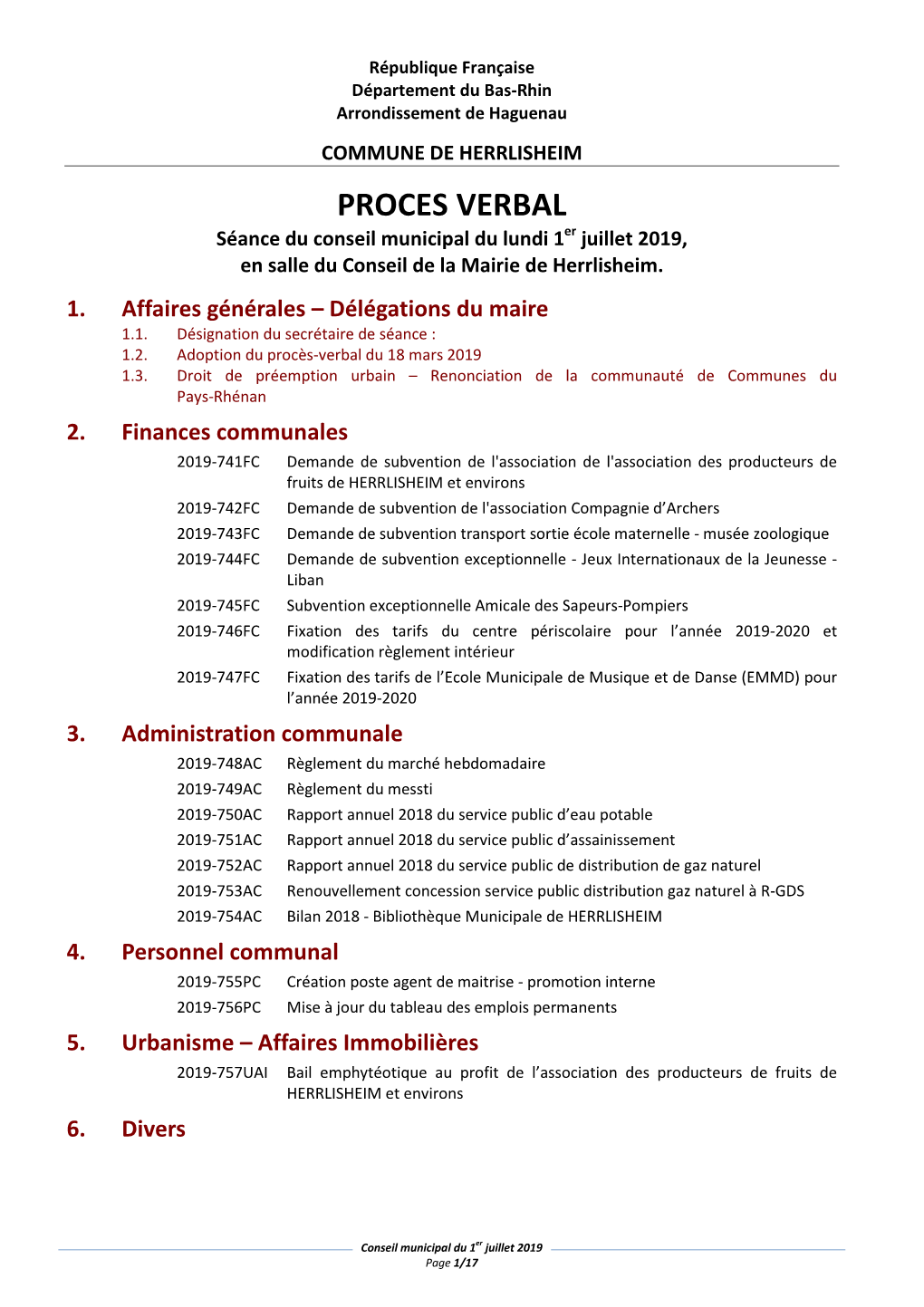 PROCES VERBAL Séance Du Conseil Municipal Du Lundi 1Er Juillet 2019, En Salle Du Conseil De La Mairie De Herrlisheim