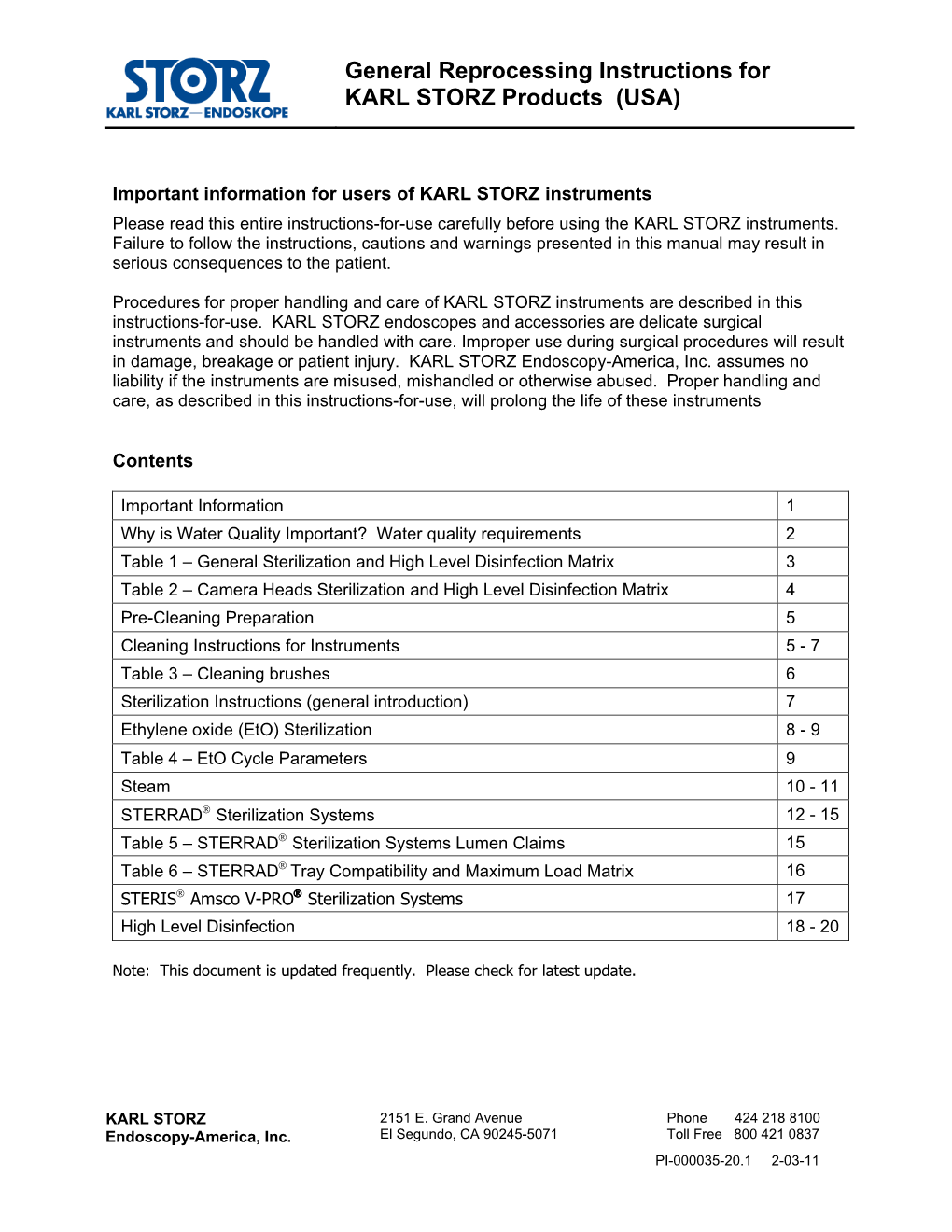 General Reprocessing Instructions for KARL STORZ Products (USA)