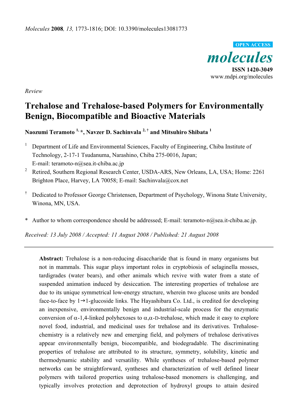 Trehalose and Trehalose-Based Polymers for Environmentally Benign, Biocompatible and Bioactive Materials