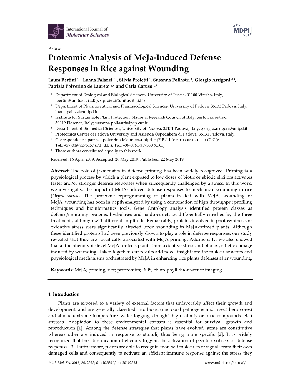 Proteomic Analysis of Meja-Induced Defense Responses in Rice Against Wounding