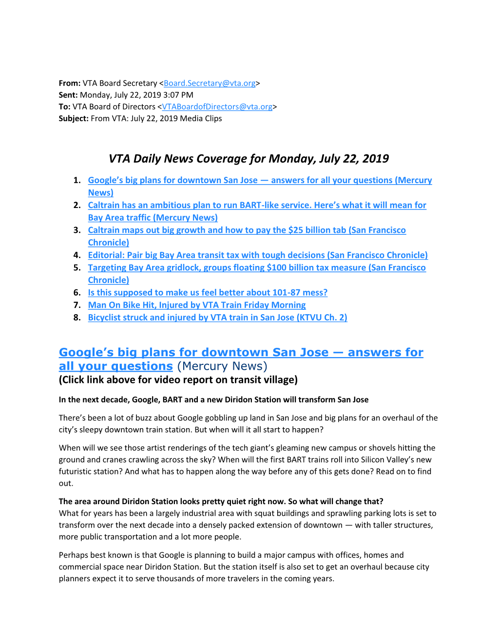 VTA Daily News Coverage for Monday, July 22, 2019