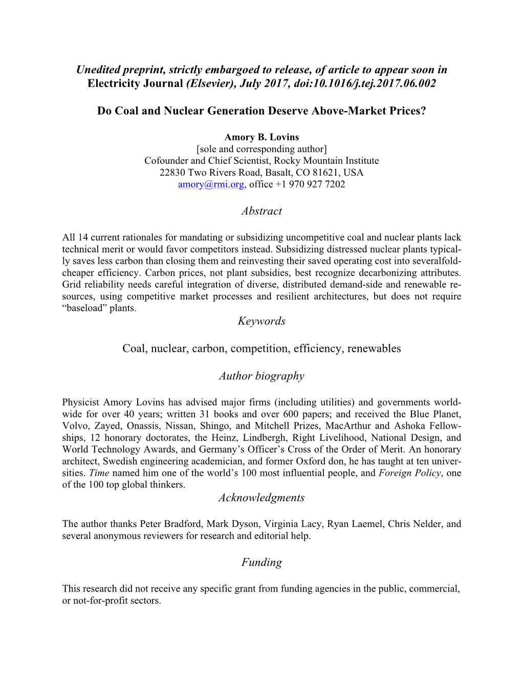 Unedited Preprint, Strictly Embargoed to Release, of Article to Appear Soon in Electricity Journal (Elsevier), July 2017, Doi:10.1016/J.Tej.2017.06.002