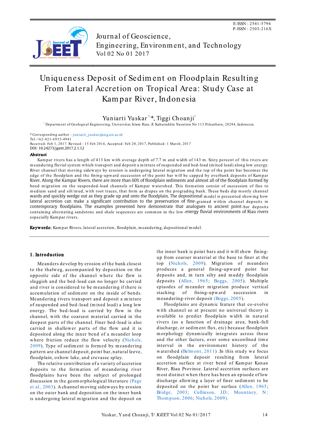 Uniqueness Deposit of Sediment on Floodplain Resulting from Lateral Accretion on Tropical Area: Study Case at Kampar River, Indonesia