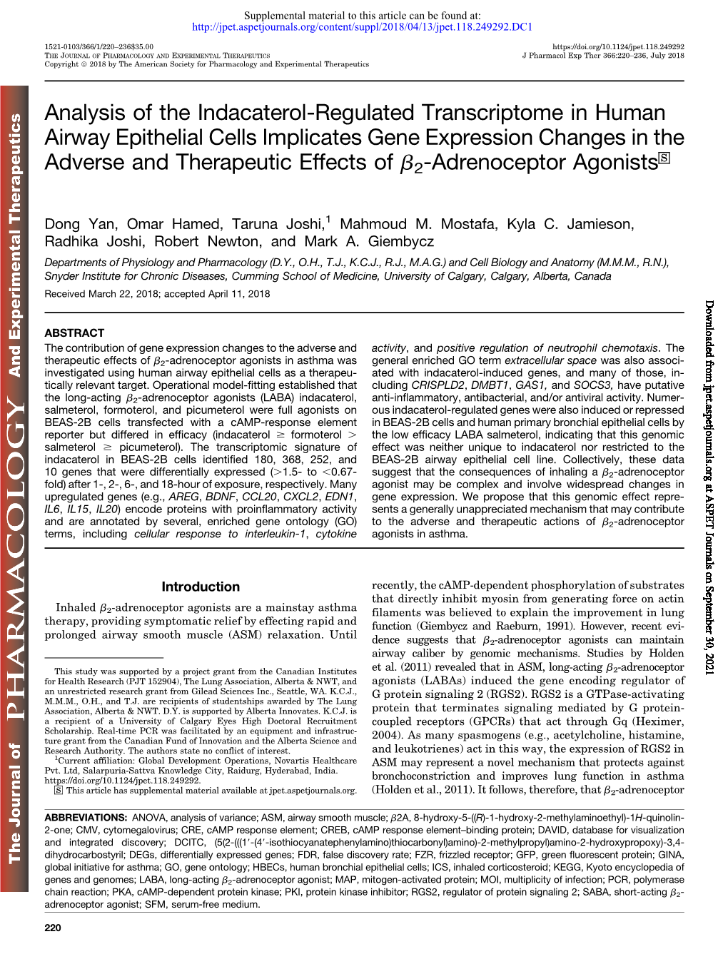 Analysis of the Indacaterol-Regulated Transcriptome in Human Airway