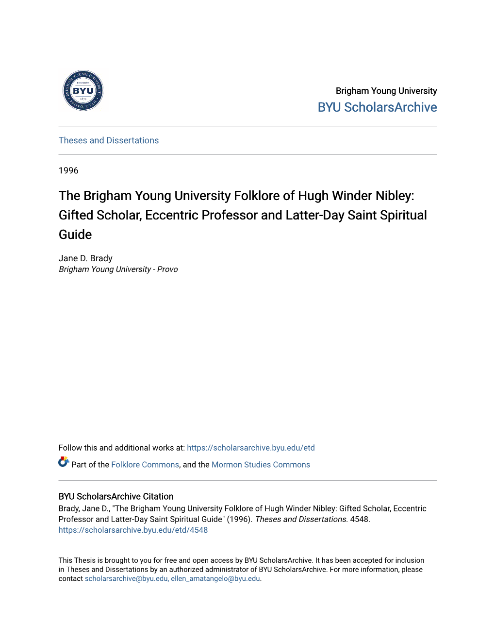 The Brigham Young University Folklore of Hugh Winder Nibley: Gifted Scholar, Eccentric Professor and Latter-Day Saint Spiritual Guide