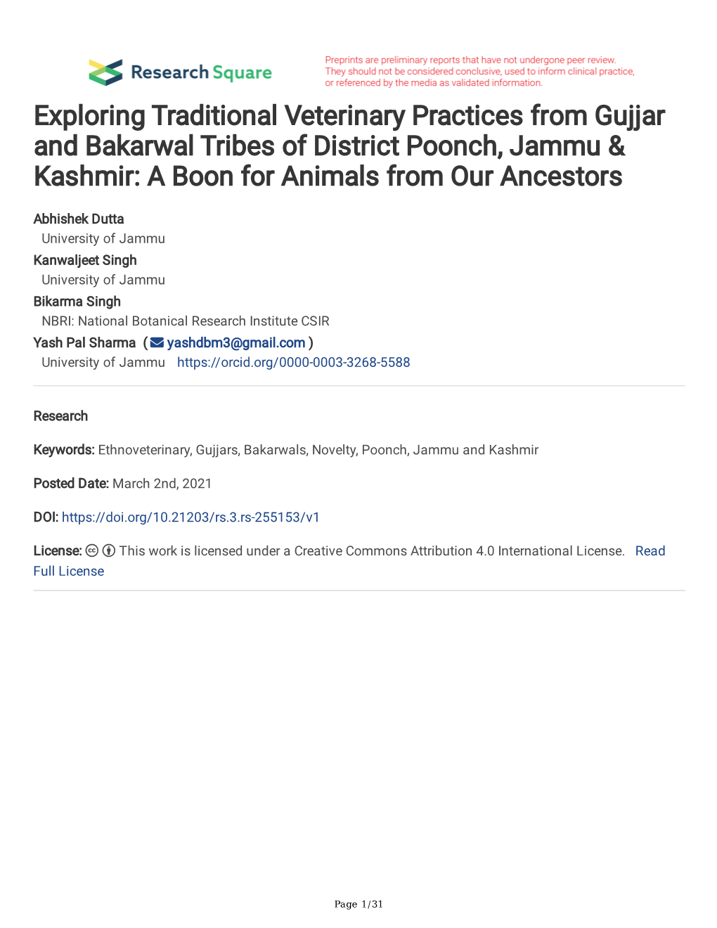 Exploring Traditional Veterinary Practices from Gujjar and Bakarwal Tribes of District Poonch, Jammu & Kashmir: a Boon for Animals from Our Ancestors