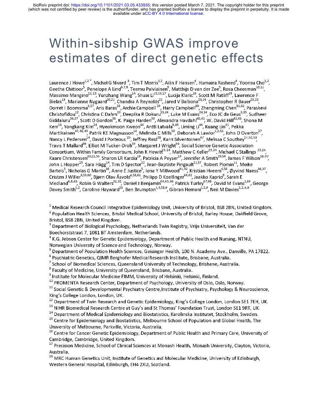 Within-Sibship GWAS Improve Estimates of Direct Genetic Effects