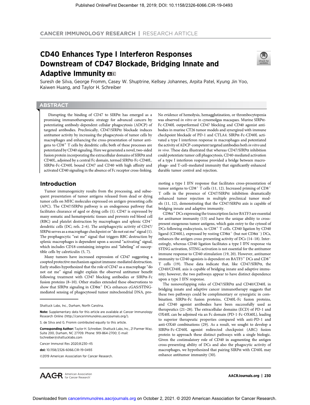 CD40 Enhances Type I Interferon Responses Downstream of CD47 Blockade, Bridging Innate and Adaptive Immunity a C Suresh De Silva, George Fromm, Casey W