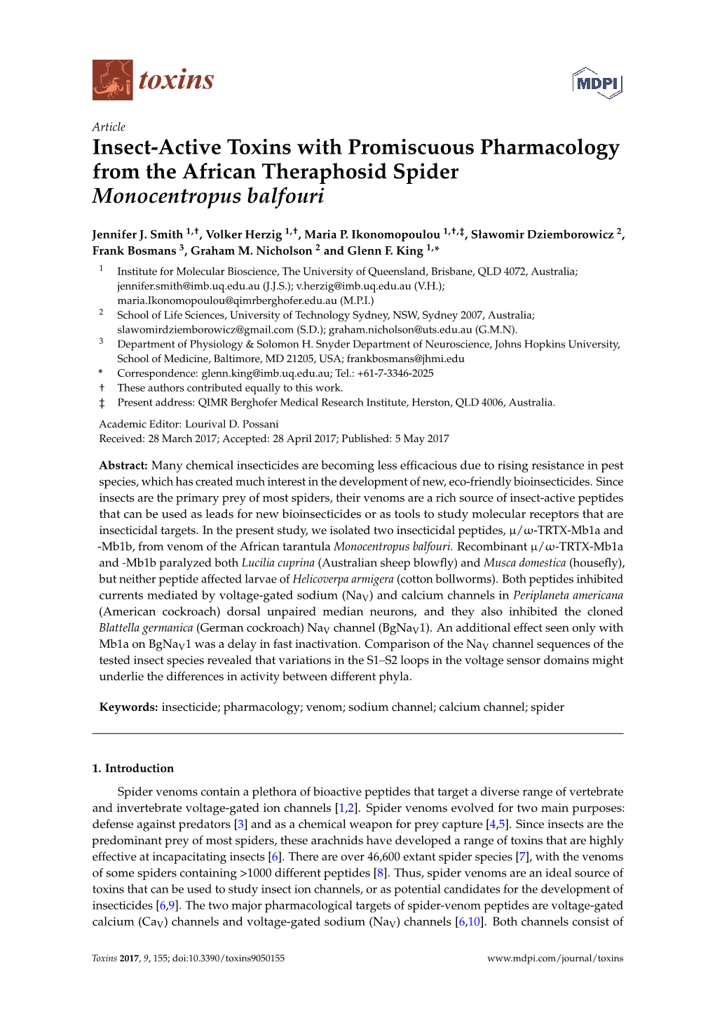 Insect-Active Toxins with Promiscuous Pharmacology from the African Theraphosid Spider Monocentropus Balfouri