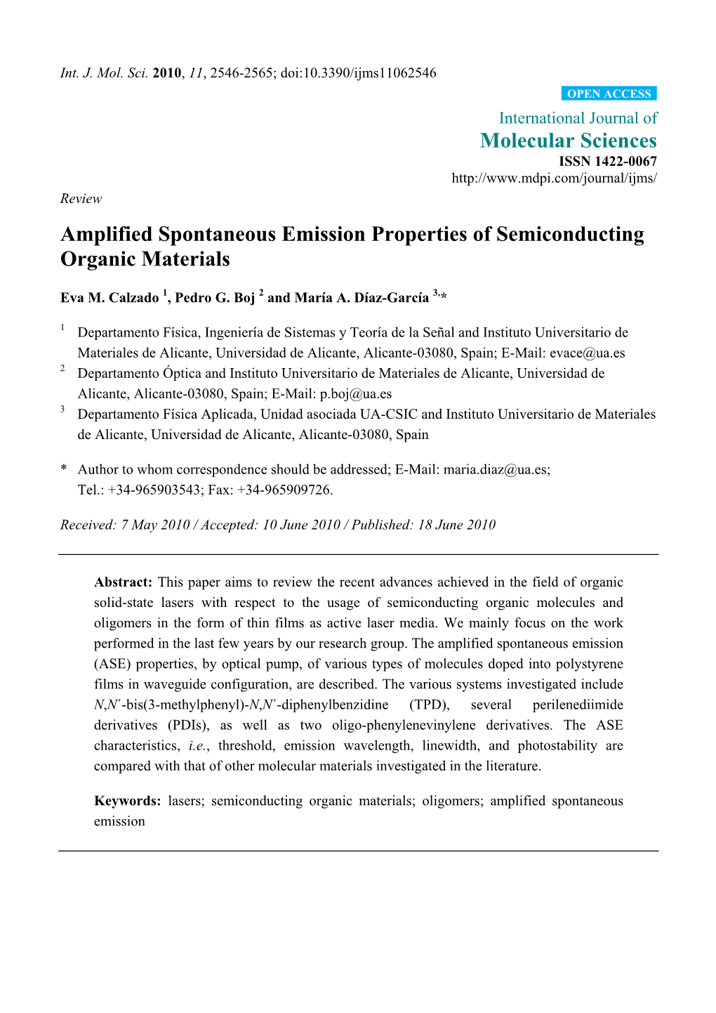 Amplified Spontaneous Emission Properties of Semiconducting Organic Materials