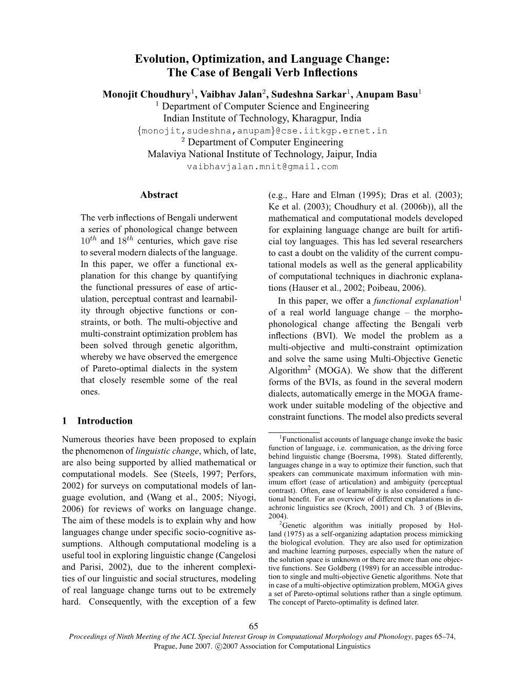 Evolution, Optimization, and Language Change: the Case of Bengali Verb Inﬂections